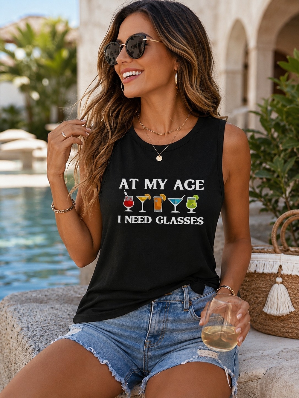 At My Age I Need Glasses Graphic Tank Top Funny Drinking Humor Sleeveless